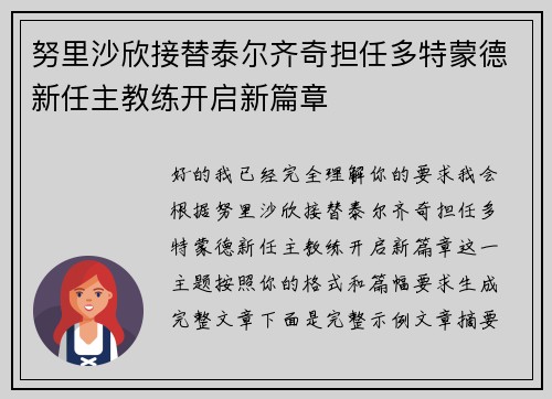 努里沙欣接替泰尔齐奇担任多特蒙德新任主教练开启新篇章