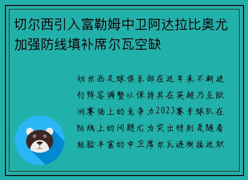 切尔西引入富勒姆中卫阿达拉比奥尤加强防线填补席尔瓦空缺 切尔西引入富勒姆中卫阿达拉比奥尤加强防线填补席尔瓦空缺